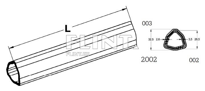 Tooted on piklik toru, millel on kuus sisselõiget ja mõõtude tähistused. Paremal on toru sektsioon, mis näitab selle kujundi ja mõõtmed.