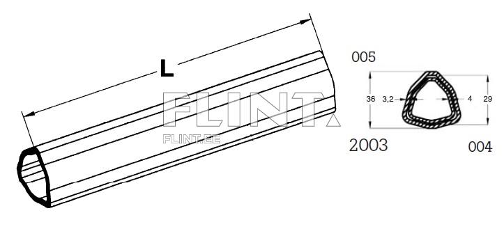 Toode on toru, millel on pikem ja ühtlane keerdkonstruktsioon. Toru ülemises osas on märgitud pikkuse mõõt 'L'. Toru ristlõike joonis on paremal, näidates selle kolmnurkset kuju ja mõõtmed.
