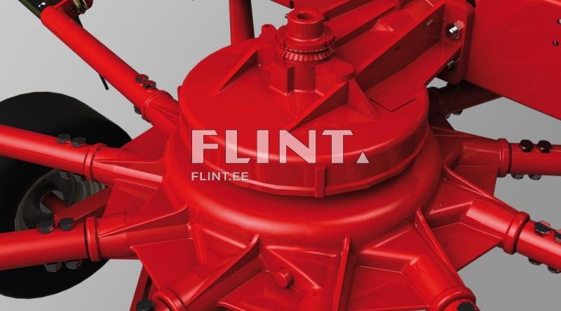 Punane masinatootmise detail, peamiselt ümar ja sujuva pinnaga, millel on mitmed torujad osad ja mehaanilised ühendused.