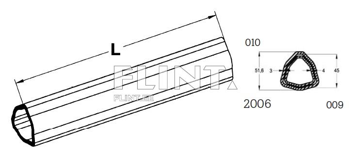 Kujutis näitab toru, millel on selgelt nähtavad mõõtmed ja jooned. Vasakul on toru küljevaade, millel on pikkus L ja linna jooned. Paremal on toru ristlõige, millel on õige nurga all mõõdetud hajutuse ulatus.
