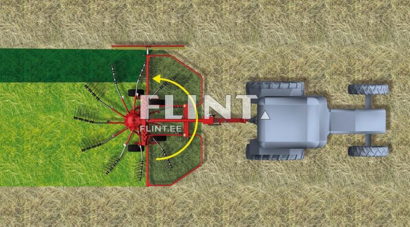 Hargne, mille peal on punane niiduk ja hall traktor, mis lõikab rohtu tasase söödamaale. Rodoernane, punane niiduk keerab rohtu, soodustades selle kuivamist. Pilt on vaadatud ülalt.