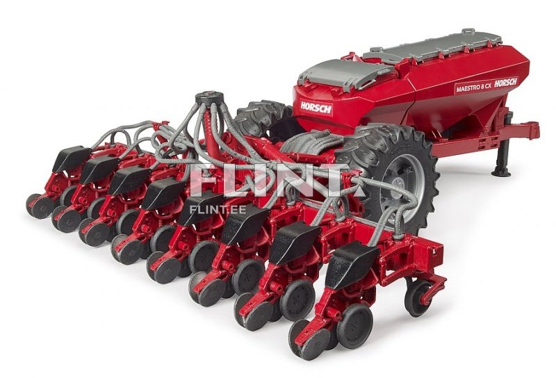Pilt näitab Horsch Maestro 8 CX külvikut, millel on punane korpus ja mustad viljakettad. Seade on varustatud voolikute ja tiheda rullikutega, mis asuvad ridade kaupa. Külvik on tõstetud, et näidata paremini selle disaini ja mehhanisme.
