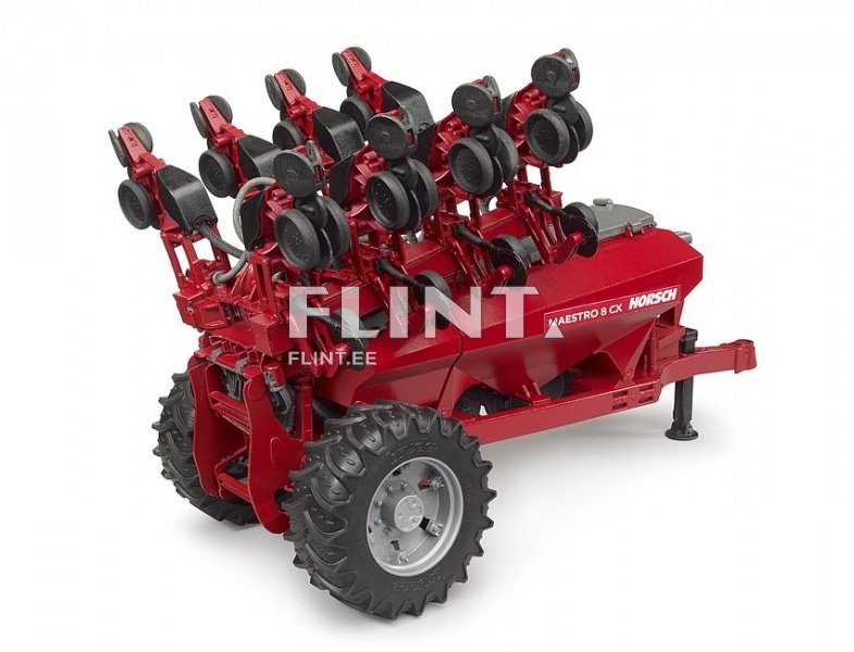 Punase värvi teravilja seemnete istutamise masin, millel on kaheksa seadmeplokki ning suur mustad rehvid.