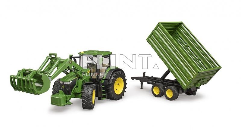 Traktor John Deere 7R 350 (80,5x17,5x20cm) + laadur + järelkäru Bruder
