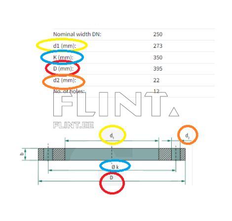 Toode sisaldab tehnilisi andmeid, sealhulgas nominaalset laius DN: 250 mm, d1: 273 mm, K: 350 mm, D: 395 mm, d2: 22 mm ning 12 auku.
