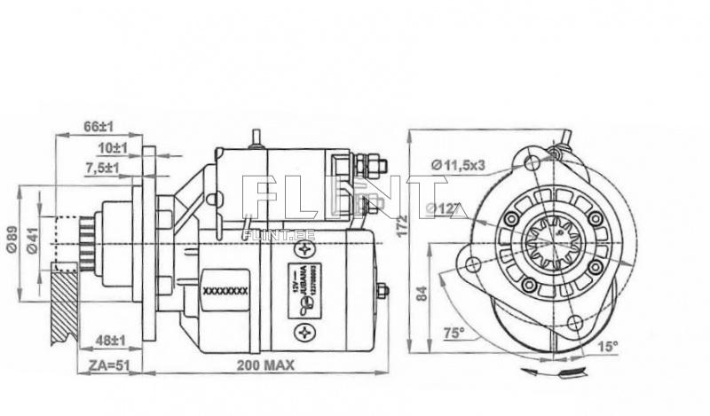 Joonis, mis kujutab mootori starterit koos mõõtude ja ühenduste detailidega.