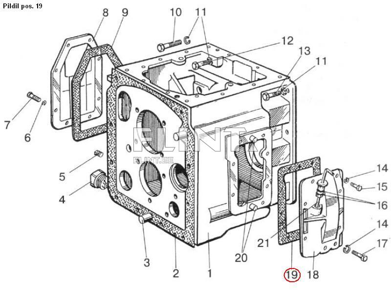 Joonis disainib detailide komplekti, mis sisaldab sümmeetrilist kuubikut, millel on mitmed avad ja lõiked, ning ümberringi kinnitamiseks mõeldud kruvid.