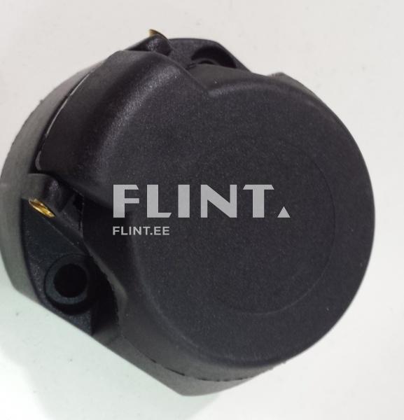 Must plastmassist valmistatud osa on ringikujuline, millel on kaks metallist terminali. Osa on ümar ja sile, ilma nähtavate märkideta.