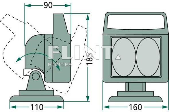Toode on. joonis näitab toote külg- ja esipoolt. Külgvaates on aktiivne osa, mis on kinnitatud pöörleva aluse külge, millel on mõõtmed 90 mm laiune ja 185 mm kõrgune. Eesvaates on kaks ümarat objektiivi, mõõtudega 160 mm laiune ja 110 mm sügavune.