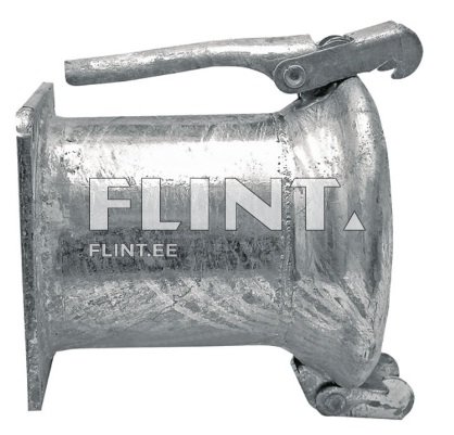 Hõbedane, metallist mehhanism, millel on konks ja käepide, ümar kuju.