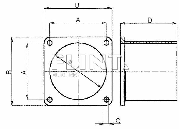 Toote joonis, millel on ruudukujuline alus, millel on neli kinnituskohaga ava. Ümmargune ava asub keskel, millel on märgitud diameeter. Üks külg on näidatud vertikaalselt ja on ümarad servad.