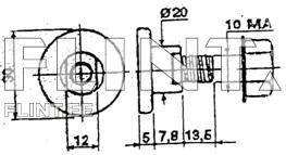 Joonisel on kujutatud poldi ja mutri osa, millel on erinevad mõõtmed, sealhulgas diameeter ja pikkus. Esiplaanil on ümmargune pea, millele järgneb keermega vars ja mutter.