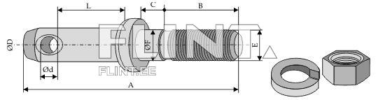 Pildil on kruvi, millel on keermestatud osa ja laiad kaelad, koos mutriga ja pesaga. Vaatluse all olev detail sisaldab erinevaid mõõtmeid, sealhulgas OA ja OD. Üks detailidest on ümar vorm.