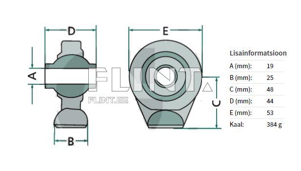 Toode on vaade, mis näitab kahe erineva nurga alt tehnilist joonist. Joonisel on kuulikujuline osa, millel on erinevad mõõtmed, sealhulgas A, B, C, D ja E, mis on kõik märgitud millimeetrites.