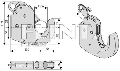 Joonis näitab konksu üksikasjalikku tehnilist joonist, millel on mitmed mõõtmed, sealhulgas laius 130 mm ja kõrgus 189 mm. Konksul on ümmargune avaus ja kraanikauss, mis on tähistatud diameetriga Ø56 mm.