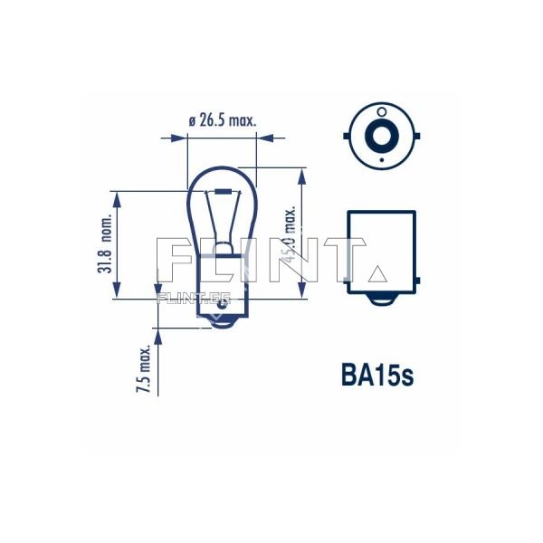 Toode on BA15s pudel, mille mõõdud on 26,5 mm diameeter ja 31,8 mm kõrgus. Altpoolt on keskel ava, mille läbimõõt on 7,5 mm maksimaalne.