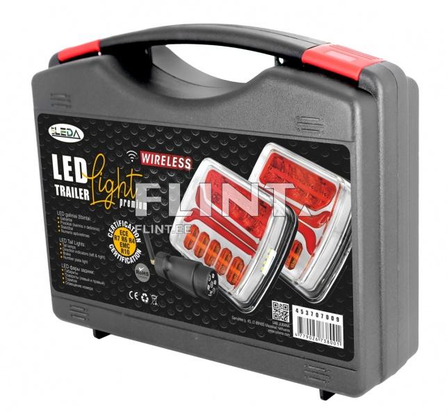 LED haagise tuled, pakitud mustasse karpi, millel on punased kinnitusdetailid. Toote külgedel on tehnilised andmed ja sertifikaatide sümbolid.