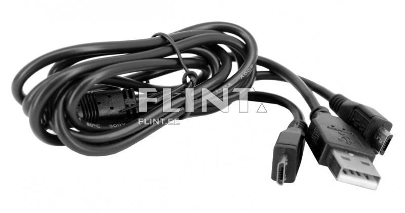 Pildil on must USB-kaabel, mis on kuidagi kokku keeratud. Kaablilt on nähtavad erinevad pistikud: USB-A, USB-B ja mikro-USB. Kaabel on must ja paigutatud lauale, mis annab sellele laiemat konteksti.