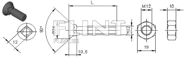 Polt+mutter M12x33 12,9 (nelikant) pea 24mm Lemken asendus