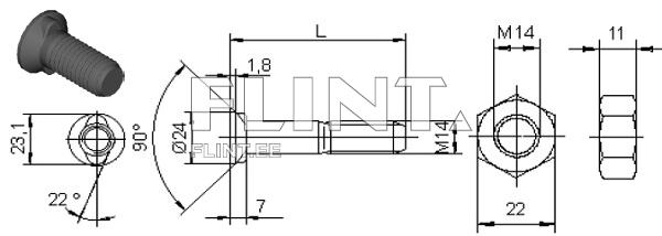 Pilt kujutab mutrit, millel on kuusnurkne pea, mille läbimõõt on 24 mm ja millega kaasneb keermestatud vars. Keermete suurus on M14 ja varre pikkus on L, nagu on välja toodud joonisel. Joonistel on näidatud ka erinevad mõõtmed, sealhulgas kaugus peast ja keermest.
