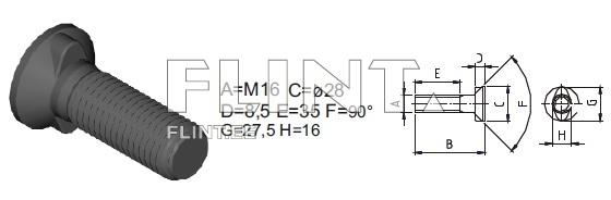 Pilt näitab musta kruvi, millel on kuusnurkne pea ja keermestatud vars. Kruvi mõõtmed on märgitud kõrvale, sealhulgas M16, läbimõõt 28 mm ja kõrgus 16 mm.