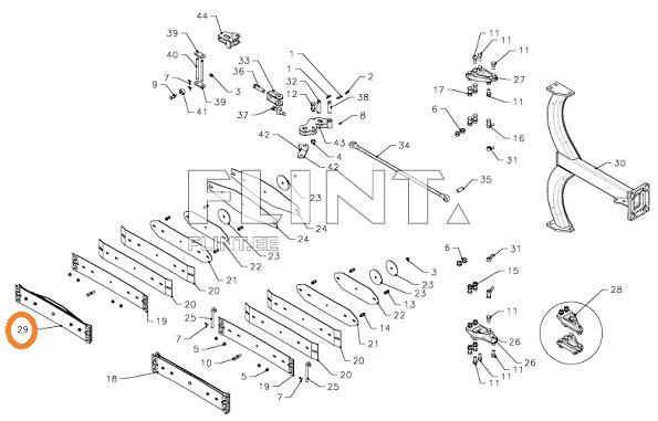 Pilt näitab erinevaid osade jooniseid, sealhulgas numbriga 29 varras ja rida painduvaid komponente, mis on koondatud keskmesse. Osad on nummerdatud ja jagatud selgelt eristuvatesse ridadesse.