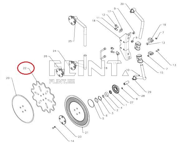 Illustratsioon näitab 22. positsioonil asuvat star-kujundiga hammasratast, millel on kuus avause kohta, ümbritsetud erinevate osade, sealhulgas silindriliste ja klappide elemendid.