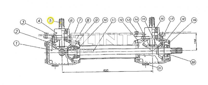 Toode on tehniline joonis, kus on kujutatud mehhanismi kaks erinevat külge, millel on numbreid ja tähiseid. Ülal on ette nähtud detailide numbrid, mis viitavad erinevatele komponentidele. Joonisel on näha kaks käepidet ja keskne telg.