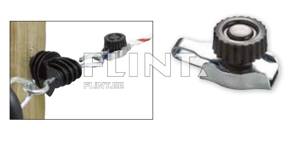 Kaks erinevat pildi kokkuvõtet: vasakul pildil on must plastist keeratava käepidemega osa, mis on kinnitatud metallist klambriga, külgnev rihm on punane. Paremal pildil on sama must käepide lähemal vaates, selle all on metallist alus.