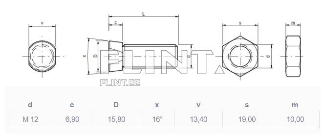 Polt+mutter M12x38 12,9 (2xkant)