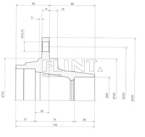 Joonisel on kujutatud tehniline joonis, mis näitab detaili erinevaid mõõtmeid. Detailil on keskosas järsk üleminek, millel on erinevad läbimõõdud ja kõrgused. Joonisel on selged mõõtmisjooned ja numbrid, mis näitavad detaili täpset mõõtmeid.