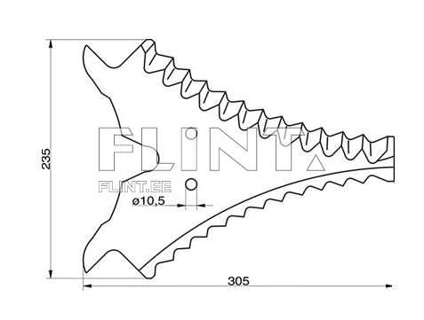 Kujutise keskpunktis on kuju, mille mõõtmed on 305 mm lai ja 235 mm kõrge. Ühel pool on teravad hambad ja vastasküljel on augud, mille diameeter on 10,5 mm.