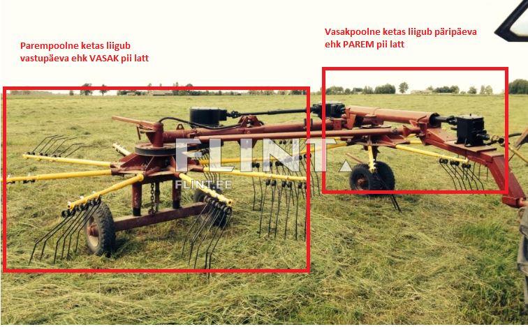 Pildil on roostevaba metallkast, millel on kaks eraldi tööriista. Parempoolne tööriist liigub vastupäeva ja vasakpoolne tööriist liigub päripäeva. Tööriistade all on mustad rattad ja nad on paigutatud rohelisele rohumaale.