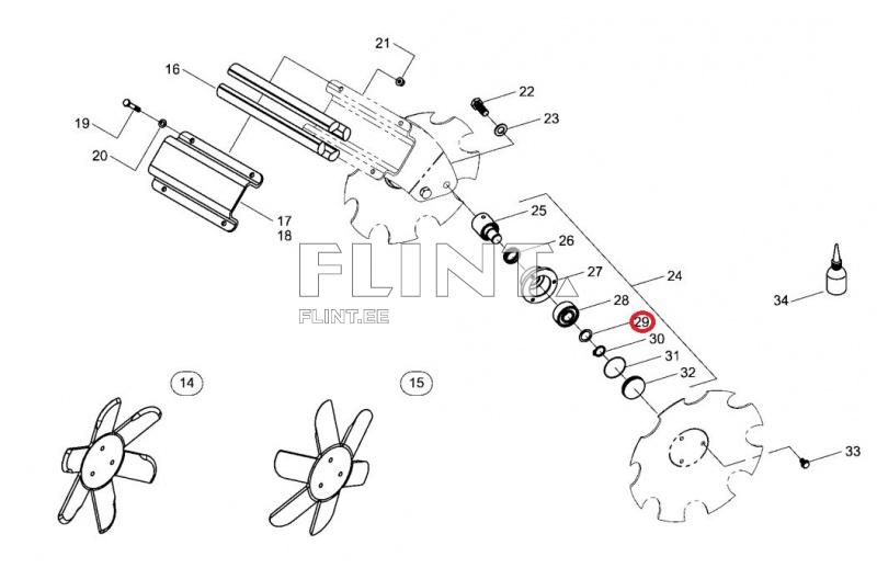Joonisel on näidatud mitmed masina osad, sealhulgas rootorid ja nende ühendused. Osad on nummerdatud, et hõlbustada tuvastamist ja kokkupanekut.