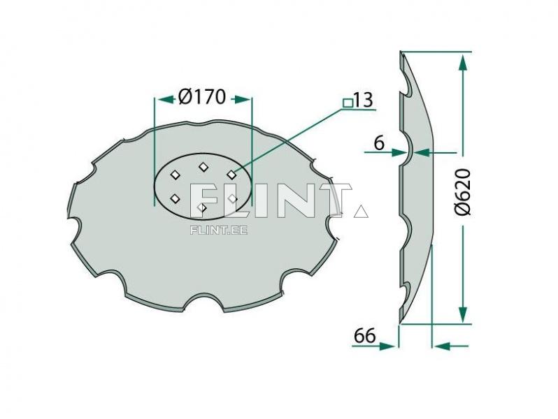 Toode on ringikujuline plaat, mille väline läbimõõt on 620 mm ja siseosa läbimõõt 170 mm. Plaadi keskosas on neli kuusnurkset avamist ja see on 6 mm paksune.