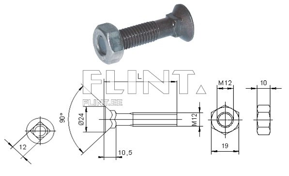 Polt+mutter M12x75 12,9 (nelikant) DIN608