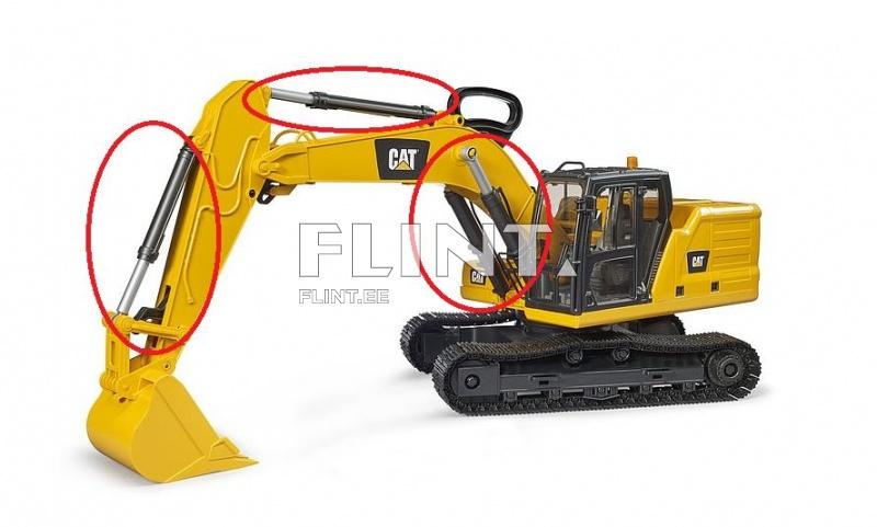 Toode on kollane ekskavaator, millel on selgelt nähtavad hüdrosüsteemi silindrid ja raua pead. Ekskavaatori kabiin on läbipaistev, võimaldades näha juhtimiselemente.