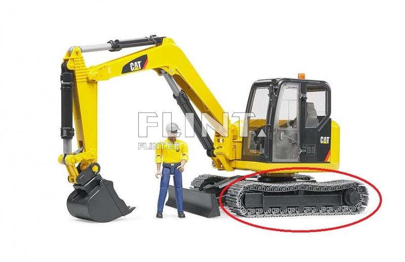 Pildil on kollane ekskavaator, millel on must rombikujuline tööriist ees. Mudelil on selge kabin, kus on nähtav iste. Ekskavaatori all on must haardetraks.