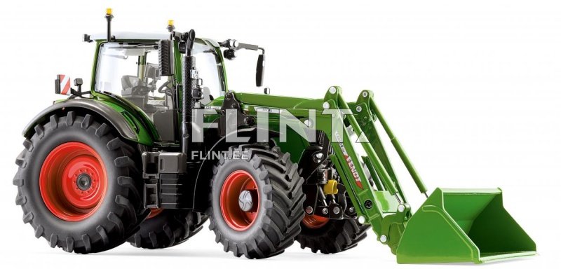Roheline traktor, millel on avar kabiin ja suured punased rattad, on varustatud ees oleva laadimisrattaga, et kanda erinevaid koormusi.