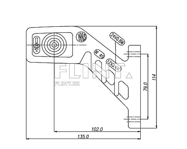 Toode on joonistus detailist, millel on ülemine osa altpoolt kaardus. Seal on rida augud ja mõlemal küljel on mõõtühikud.