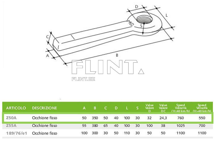 Toode on fikseeritud silmus, millel on mitmed mõõtmed, sealhulgas pikkus A, laius B ja muud spetsifikatsioonid. Silmuse ülaosas on avaus, mis võimaldab kinnitamist.