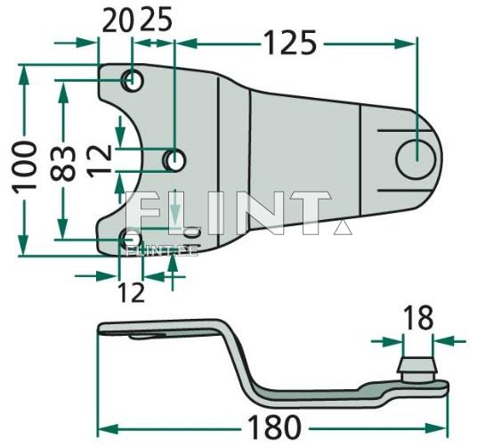 Toodet esitletakse 2D joonisena, mis näitab metallist detaili siluetti. Ülemine osa on laiem, ümmarguse avaga ja 125 mm, kus on kaks auk 12 mm läbimõõduga. Sisemine tükk on kaardus ja mõõtmed, sealhulgas 20 mm, 25 mm, 100 mm ja 83 mm, on selgelt märgitud.