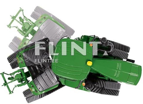 Pildil on rohelise traktori mudel, millel on suured rehvid. Traktori kabiin ja juhtseaded on selgelt nähtavad. Tagaplaanil on näha mootori osade joonistamine, mis toob esile traktori detailid.