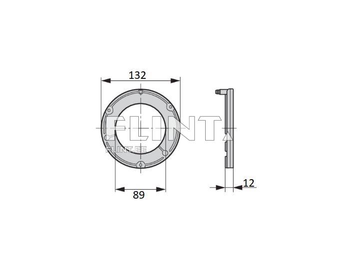 Ringikujuline komponent, mille välimine läbimõõt on 132 mm ja sisemine läbimõõt 89 mm. Komponent on 12 mm paksune ja seda on kujutatud kahes vaates: ülevalt ja küljelt.