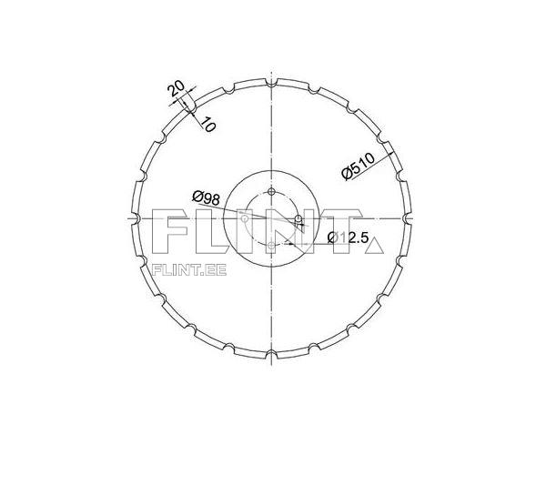 Ümmargune lõiketera, mille läbimõõt on 510 mm. Keskel on avaus, mille läbimõõt on 12,5 mm, ja lisandunud mõõtude legend.