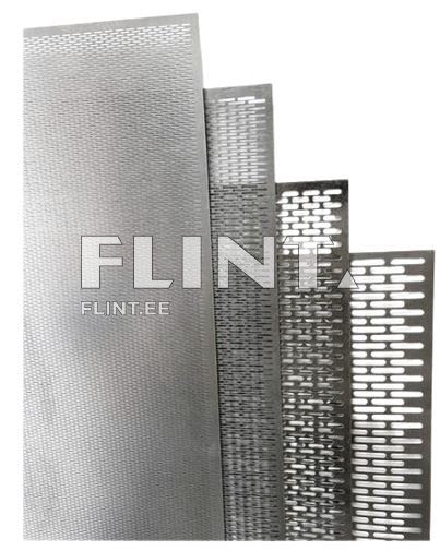 Nelja erineva metallplaatide komplekt, millel on erinevad mustrid ja avad, paigutatud ülespoole, vasakul on kõige laiem plaat.