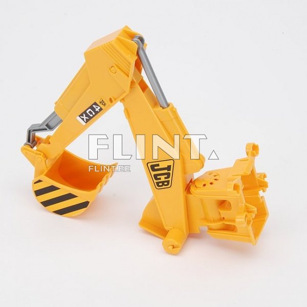 Tootel on kollane miniatuurne ekskavaator, millel on struktuurne kael ja mustade triipude mustriga kaevamisotsik. Täiendavad detailid on selgelt nähtavad, sealhulgas silt ja muud mehhanismid, mis aitavad simulatsiooni.