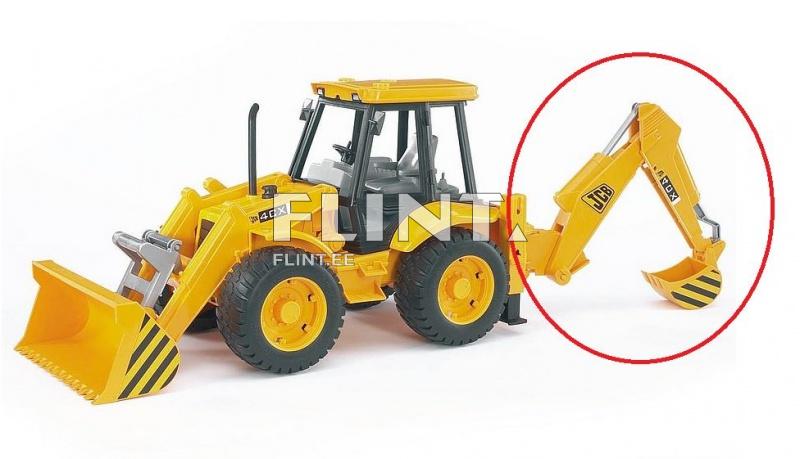 Kollase välimusega väike buldooser, millel on eesmine lõikeelement ja tagumine ekskavaator, millel on mustad ja kollased triibud.