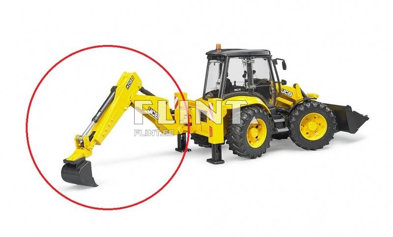 JCB buldooser, millel on omapärane kollane värv ja tugev konstruktsioon. Tagumine kaevamisriist on nähtav, varustatud musta äärisega ning ühendub kaevuri külge.