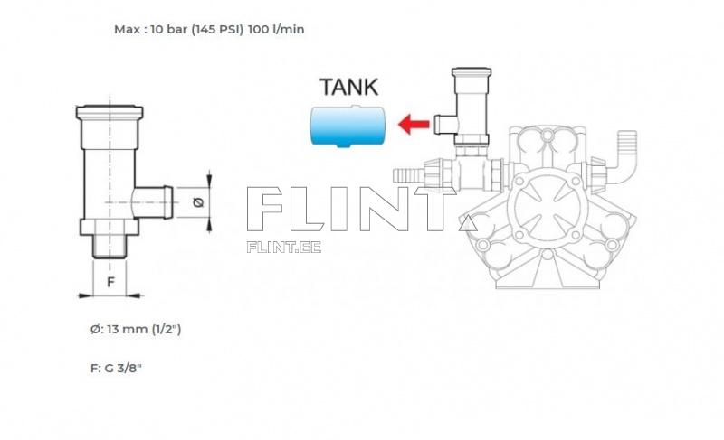 Toode on joonis, mis illustreerib ventiili koos ühenduskohtadega. Nurgas on sinine siluett, mis näitab tanki asukohta.
